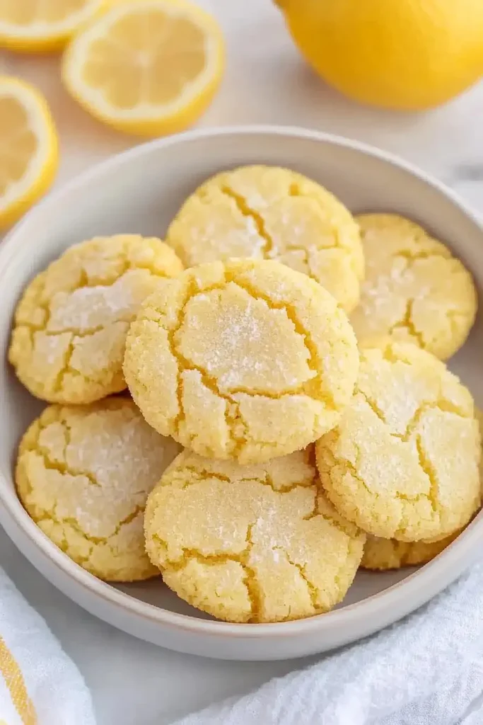Four-ingredient lemon cake mix cookies on a plate with lemon zest decoration