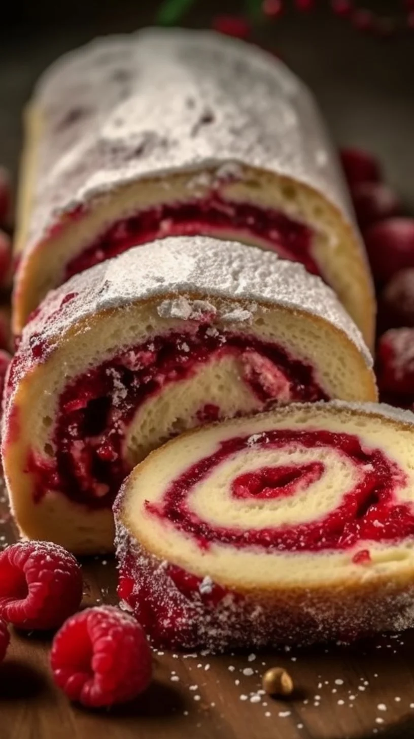 Delicious Raspberry Swirl Christmas Roll dessert with festive decorations
