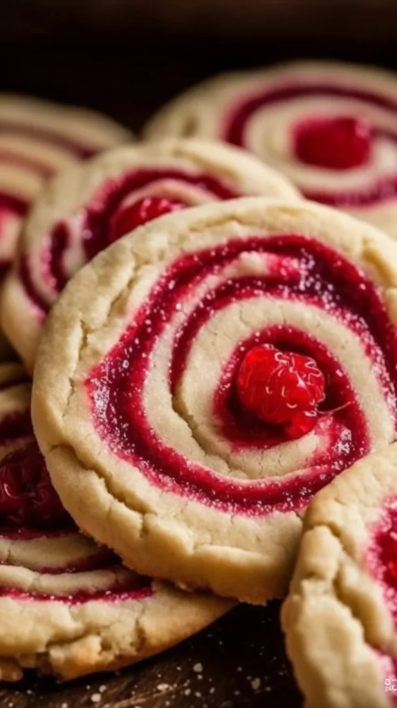 Freshly baked raspberry swirl cookies with vibrant raspberry swirls.