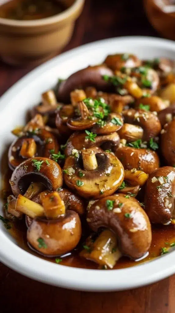 Plate of roasted mushrooms with browned butter, garlic, and thyme seasoning.