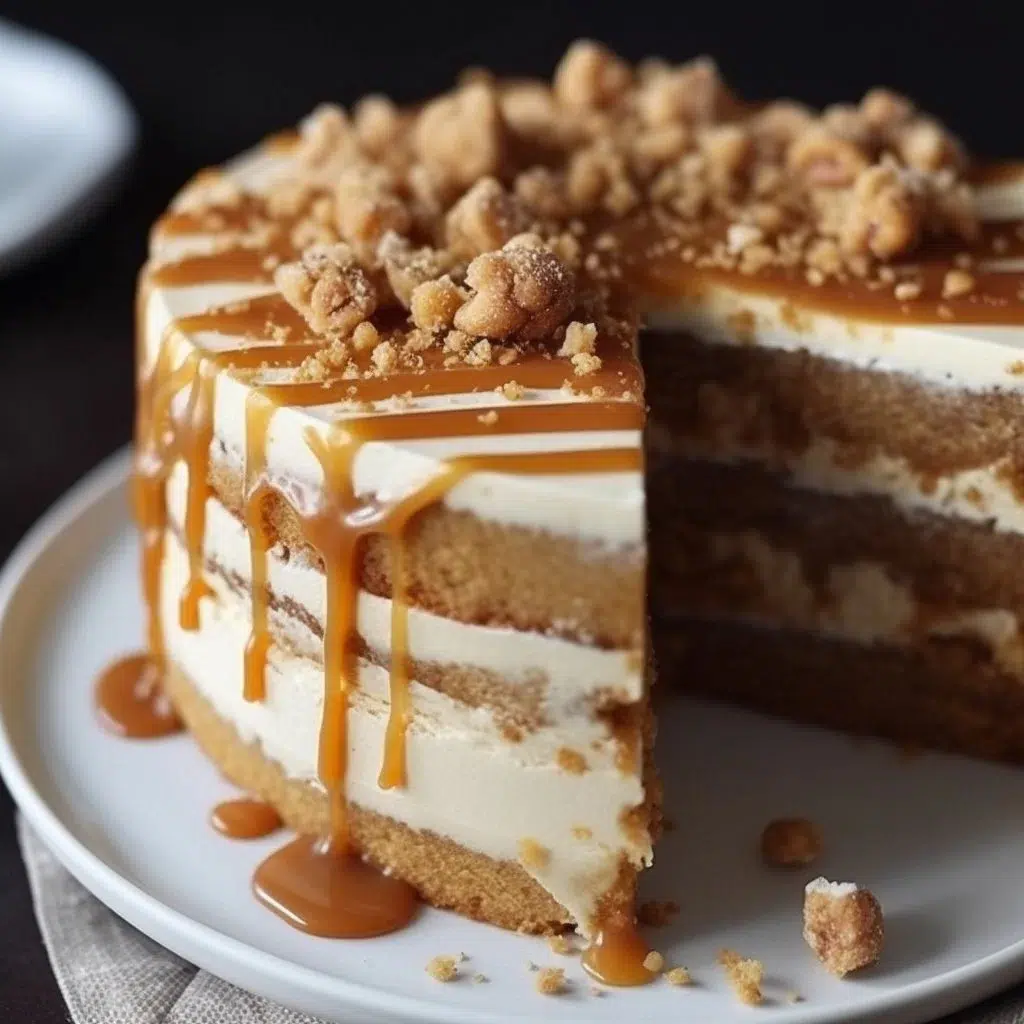 Salted caramel apple pie cheesecake slice on a plate