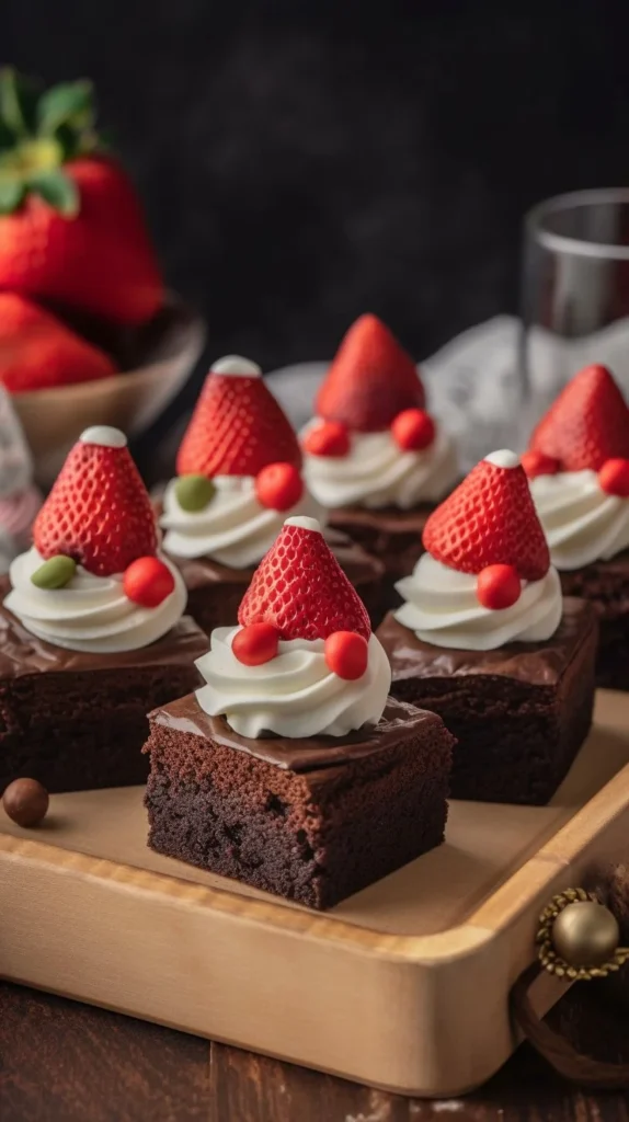 Santa Hat Christmas Brownies decorated for the holidays