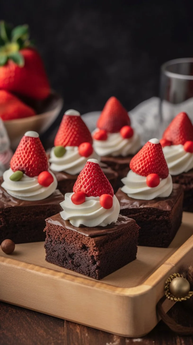 Santa Hat Christmas Brownies decorated for the holidays