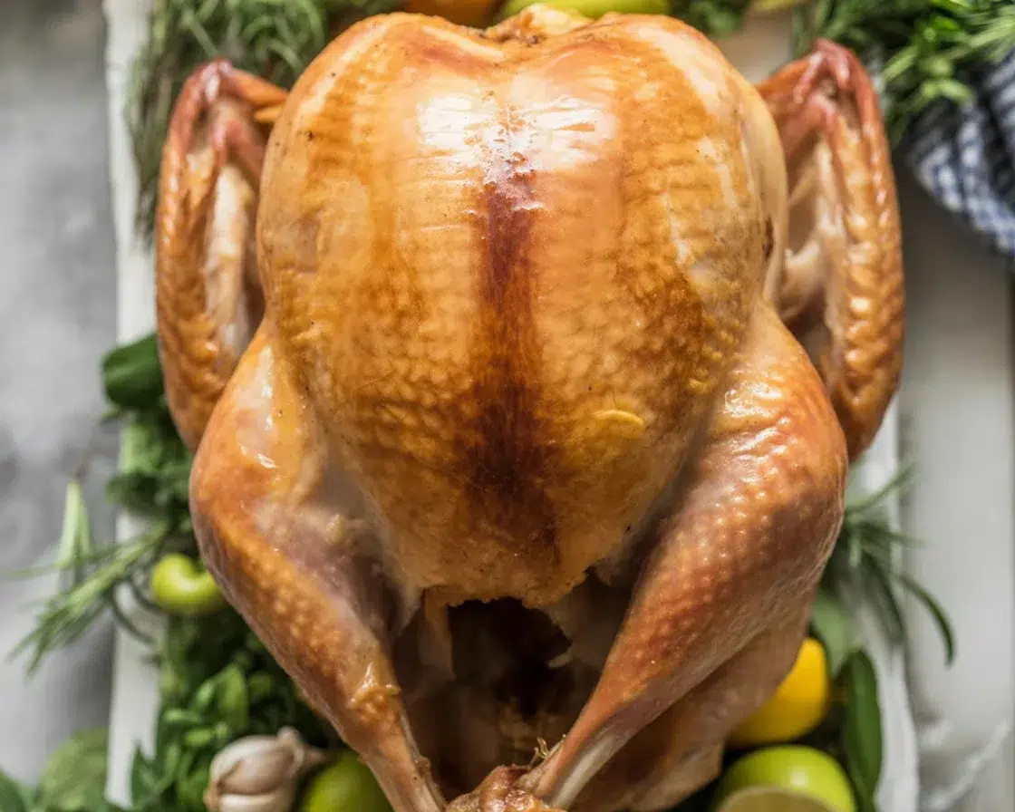 Juicy Thanksgiving turkey recipe with crispy skin and flavorful aromatics.