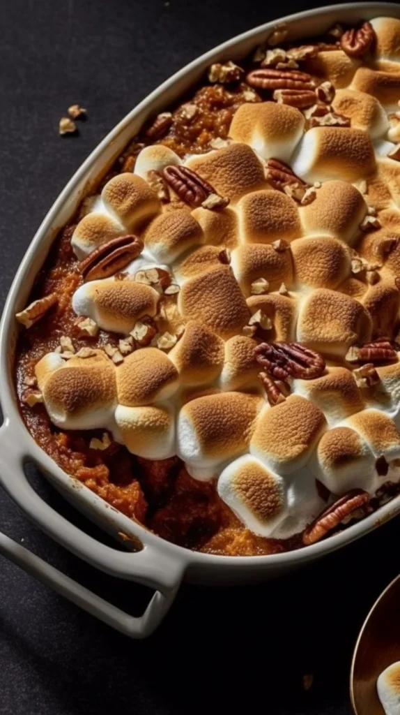 Delicious Southern Maple Sweet Potato Casserole topped with pecans