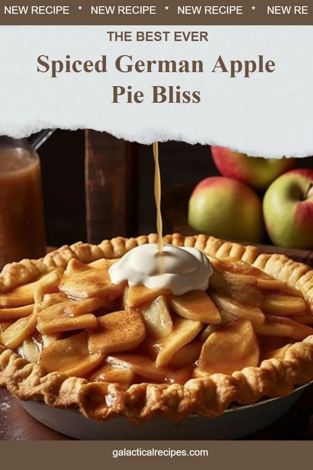 Slice of spiced German apple pie topped with cinnamon and served with whipped cream.