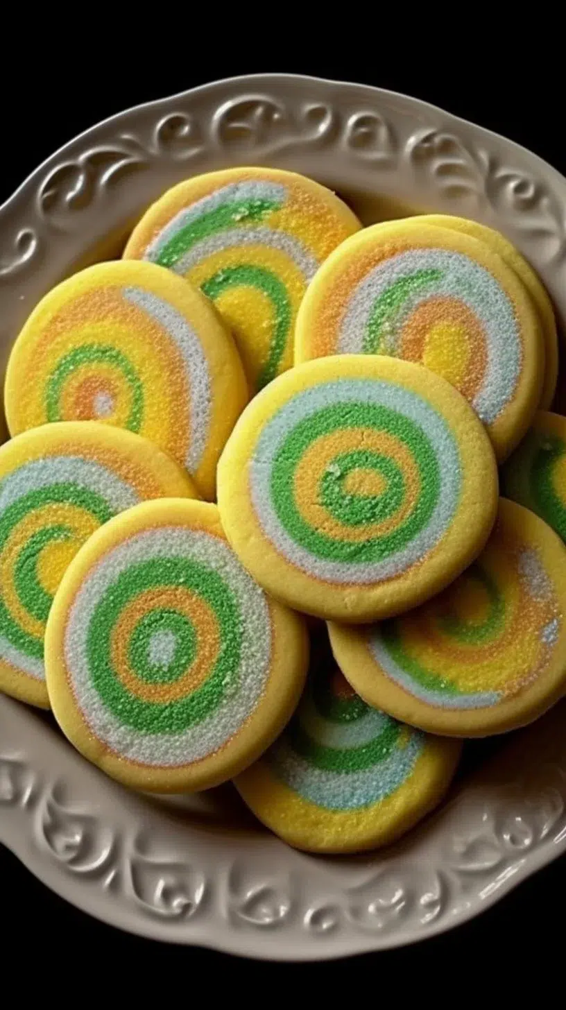 Plate of vibrant spiral cookies showcasing their unique colors and textures.
