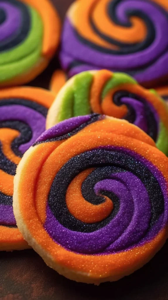 Spooky pinwheel sugar cookies decorated for Halloween