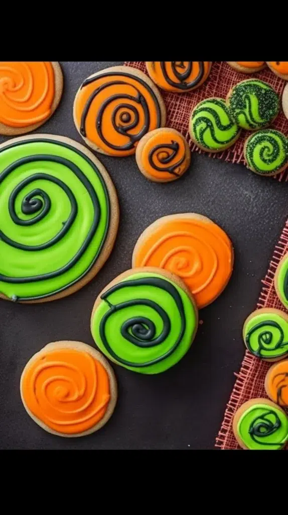Colorful spooky spiral Halloween cookies decorated for a festive treat