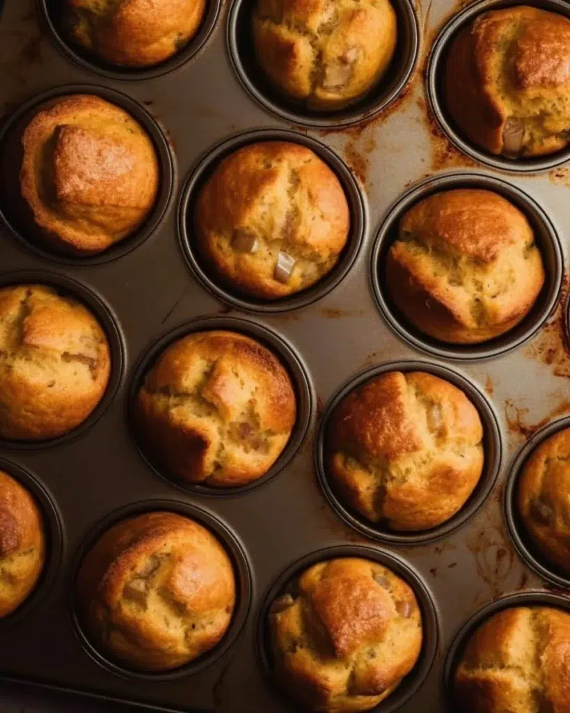A dozen freshly baked stuffed muffins filled with fruits and chocolate.