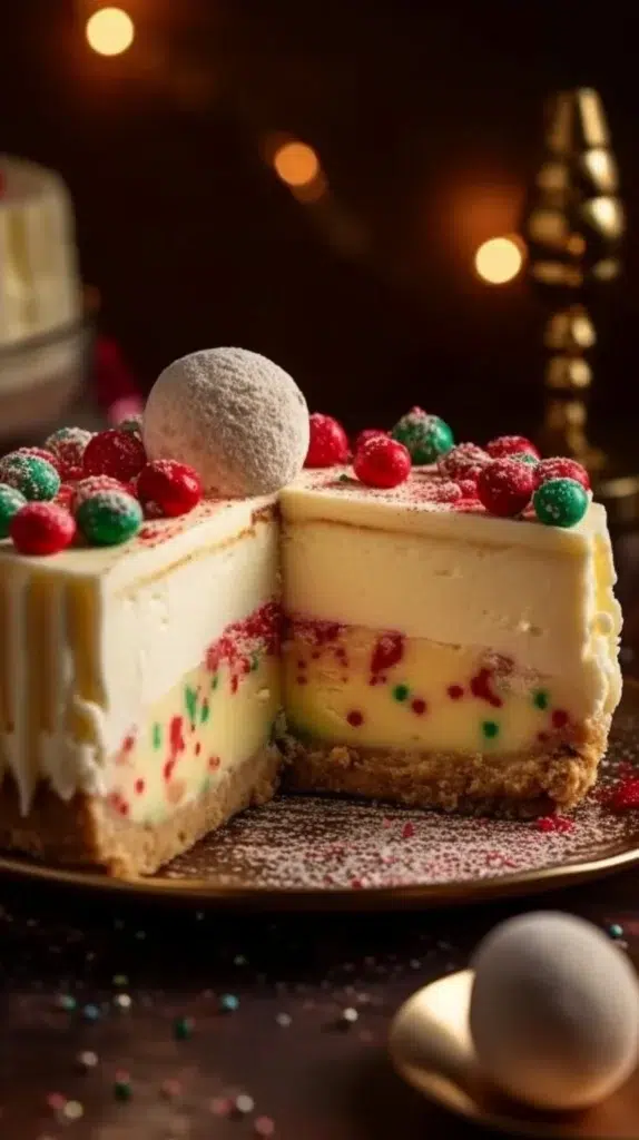 Delicious sugar cookie cheesecake topped with colorful sprinkles