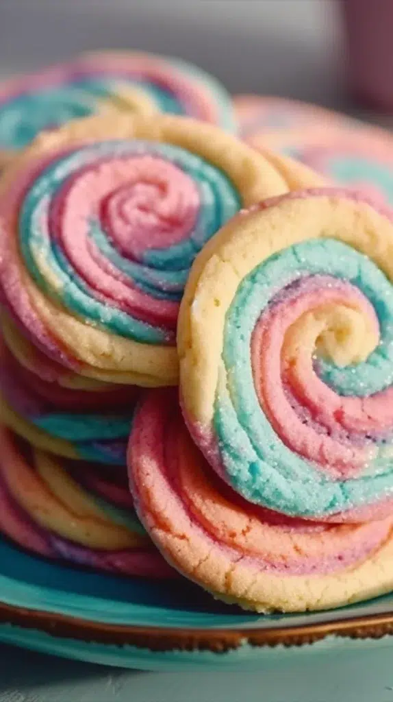 Colorful swirled rainbow sugar cookies on a baking tray