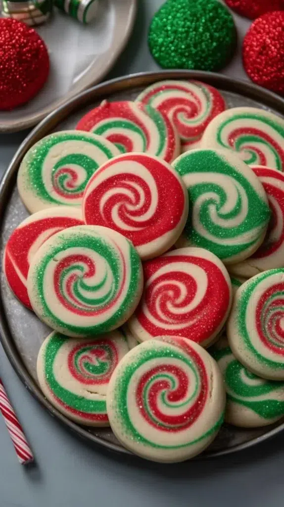 Delicious swirled shortbread cookies with colorful patterns and a buttery crust.