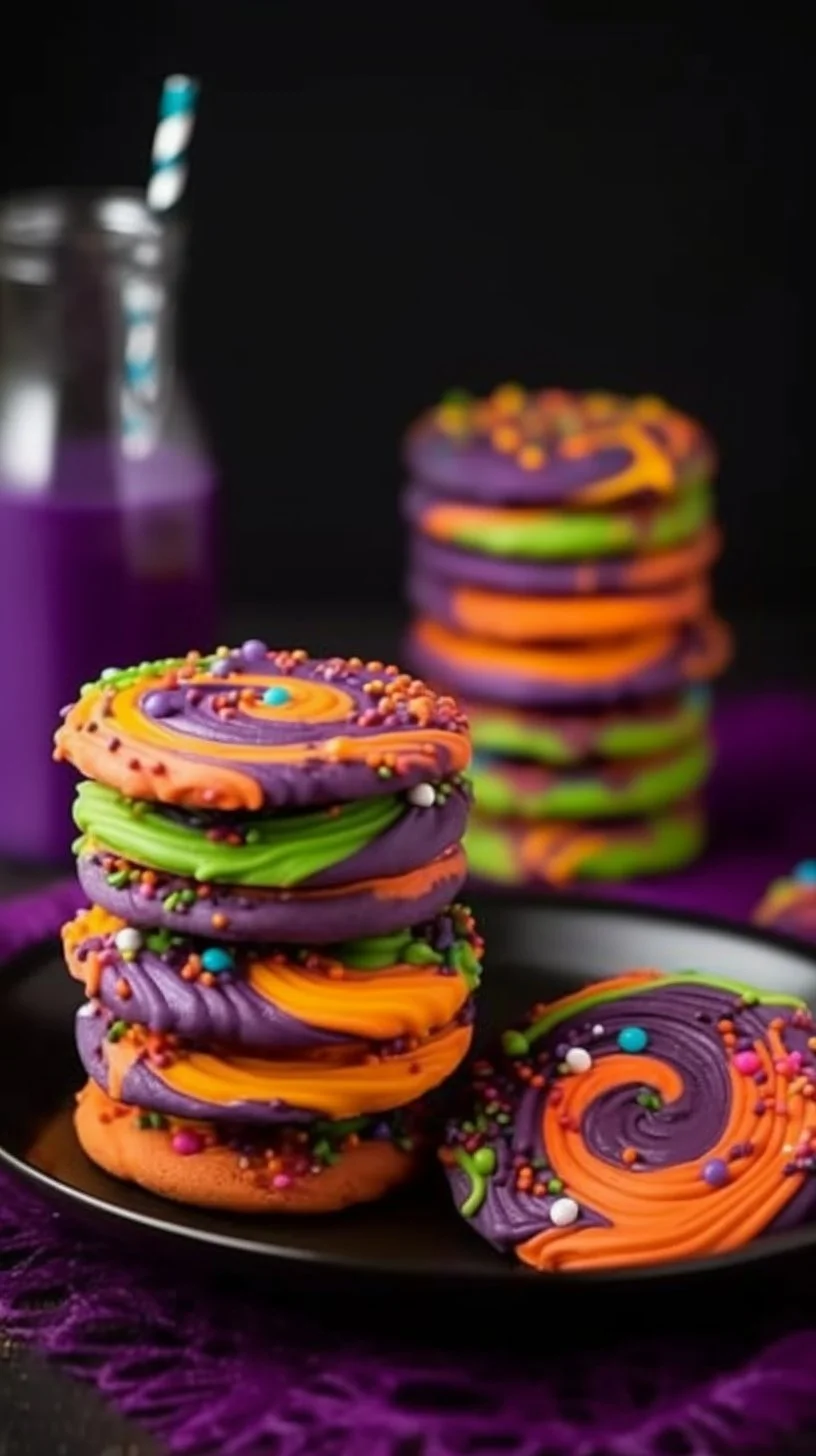 Colorful swirly Halloween cookies decorated for a spooky celebration