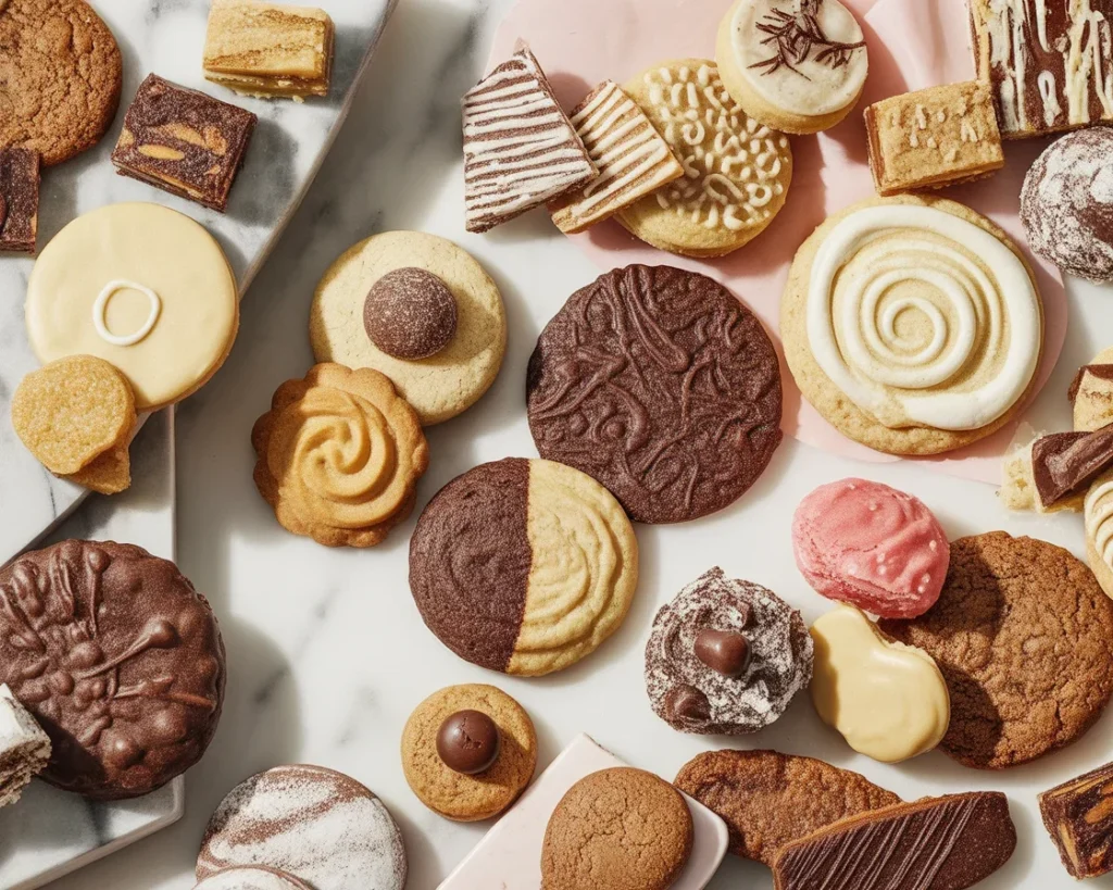 Assorted Christmas cookies decorated with icing on a festive plate.