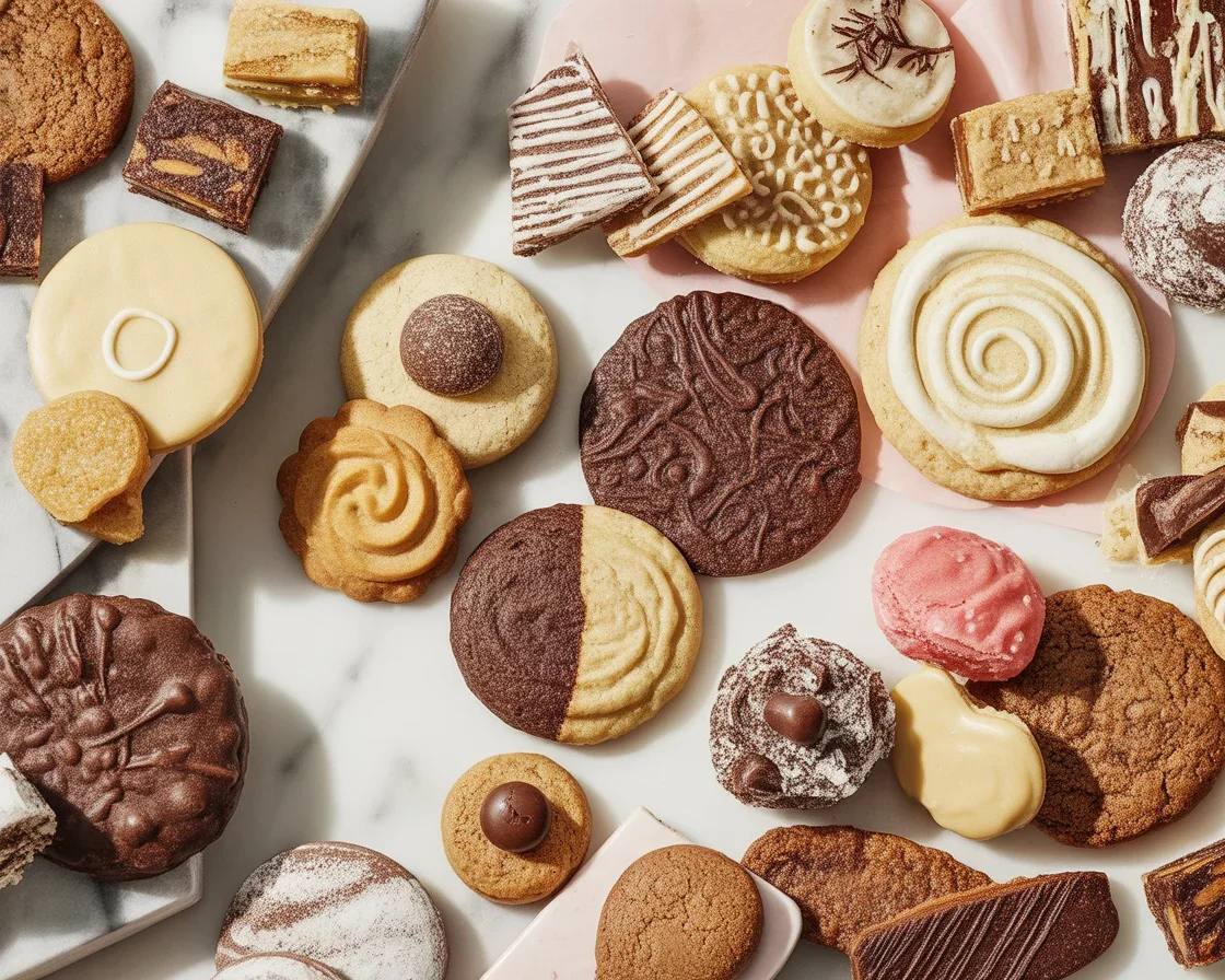 Assorted Christmas cookies decorated with icing on a festive plate.