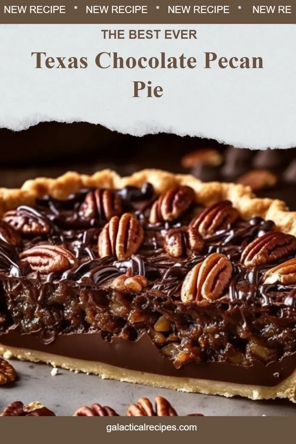 Delicious Texas chocolate pecan pie with a rich chocolate filling and crunchy pecans