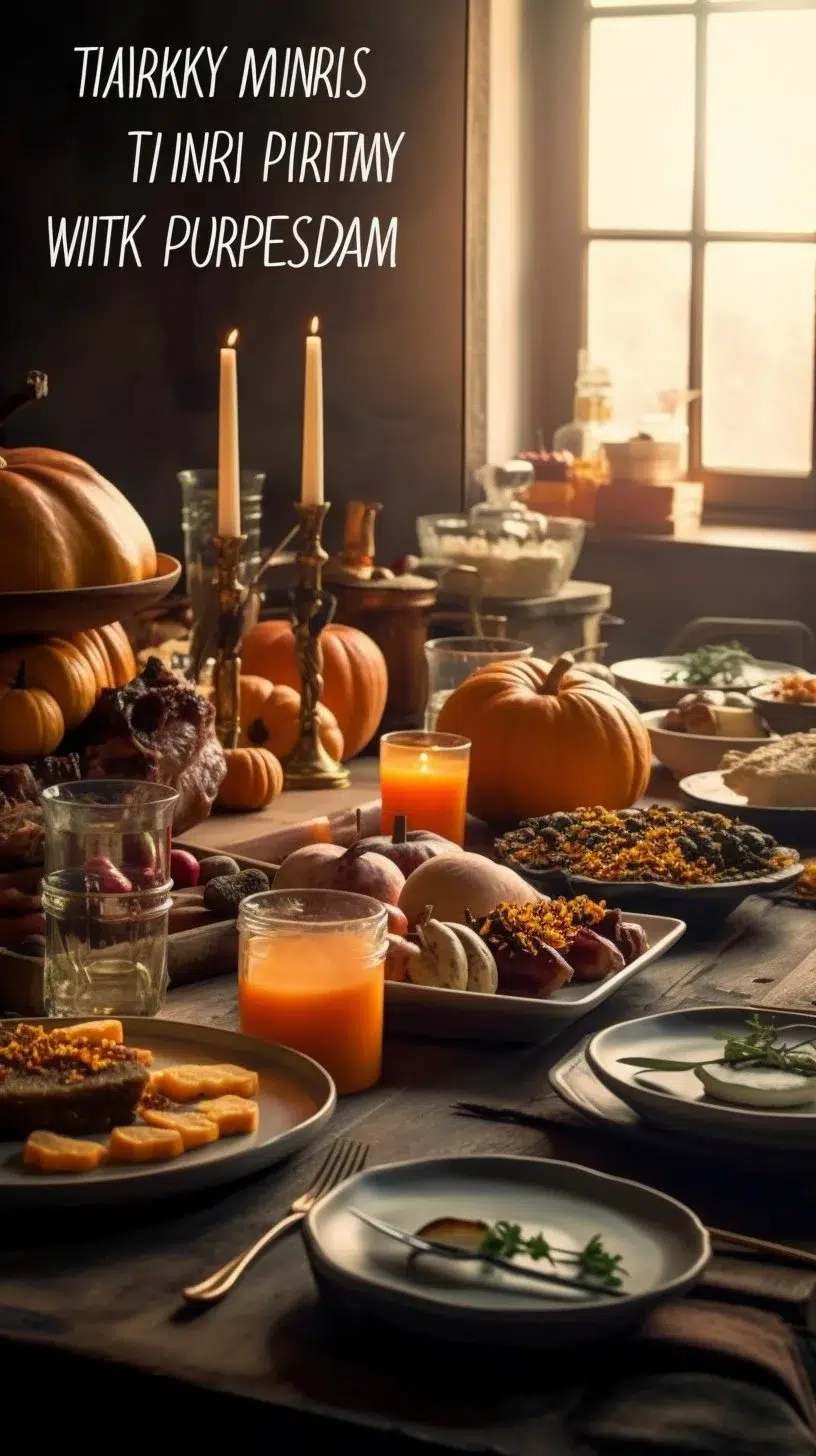 A beautifully set table with a traditional Thanksgiving dinner featuring turkey, sides, and pie.