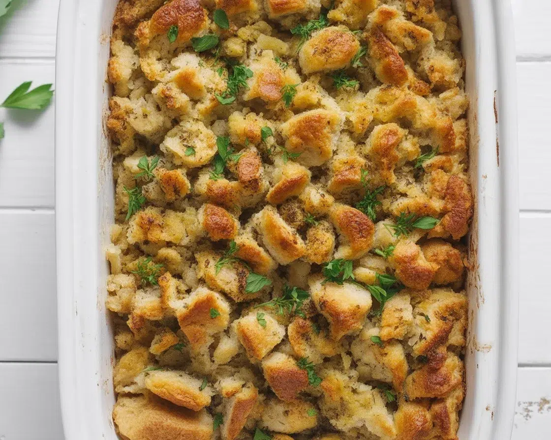 Delicious homemade Thanksgiving stuffing with crispy edges and rich flavors.
