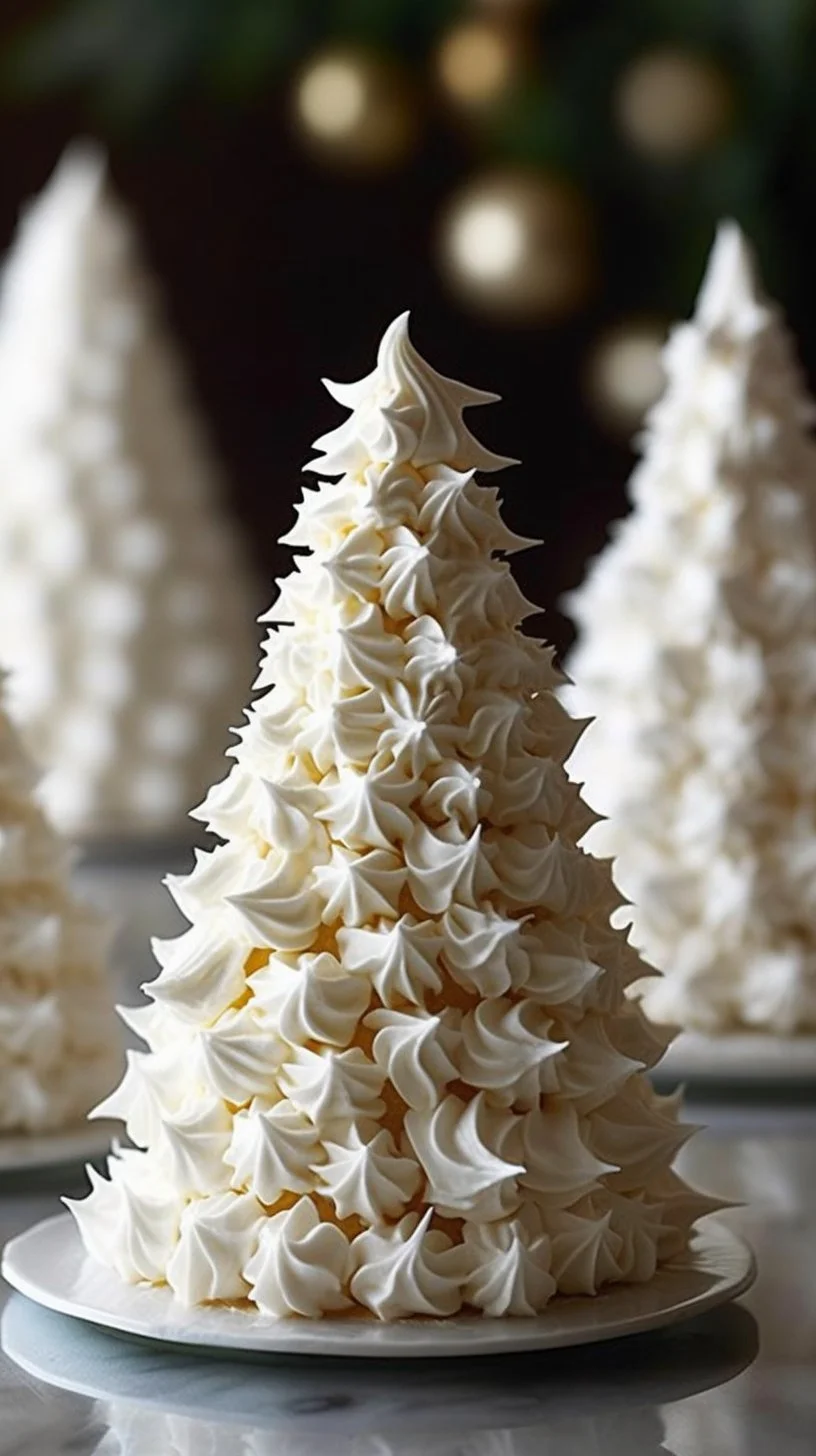 Festive tree-shaped meringue cookies decorated for the holidays