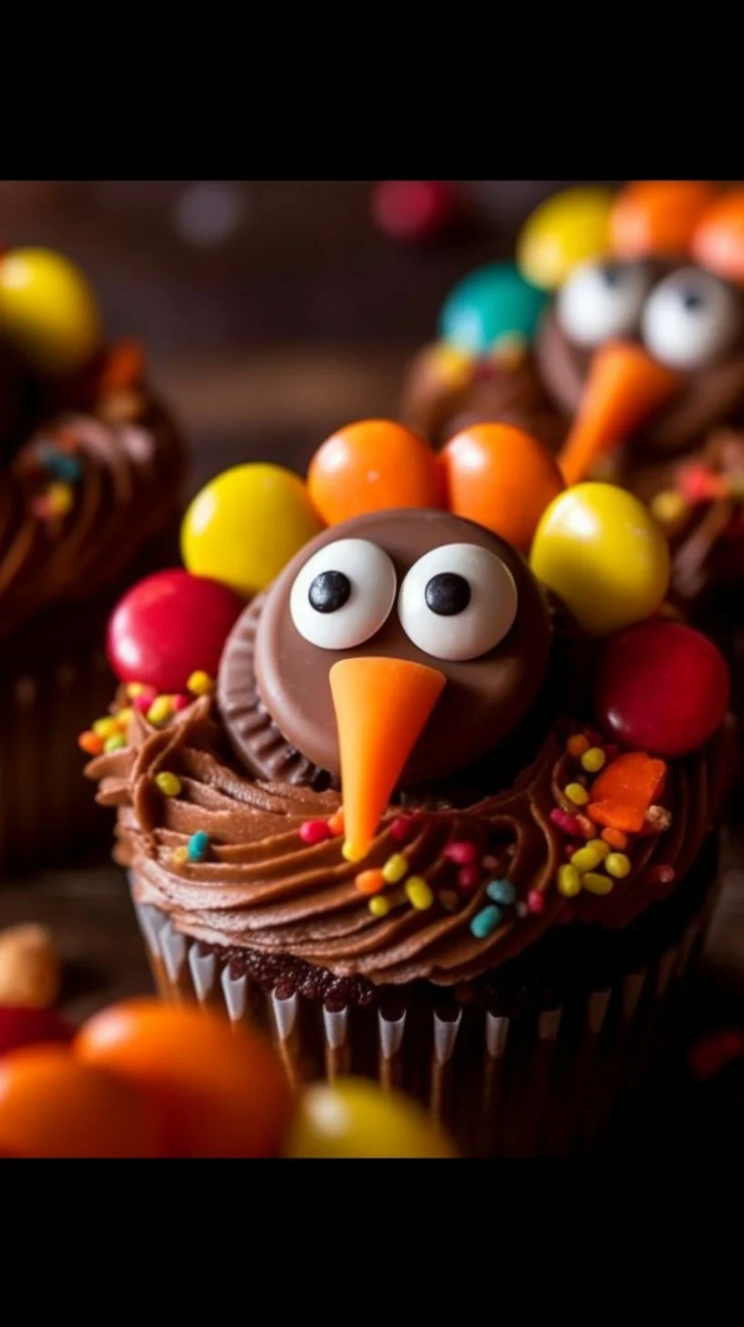 Deliciously decorated Turkey Cupcakes for Thanksgiving celebration.