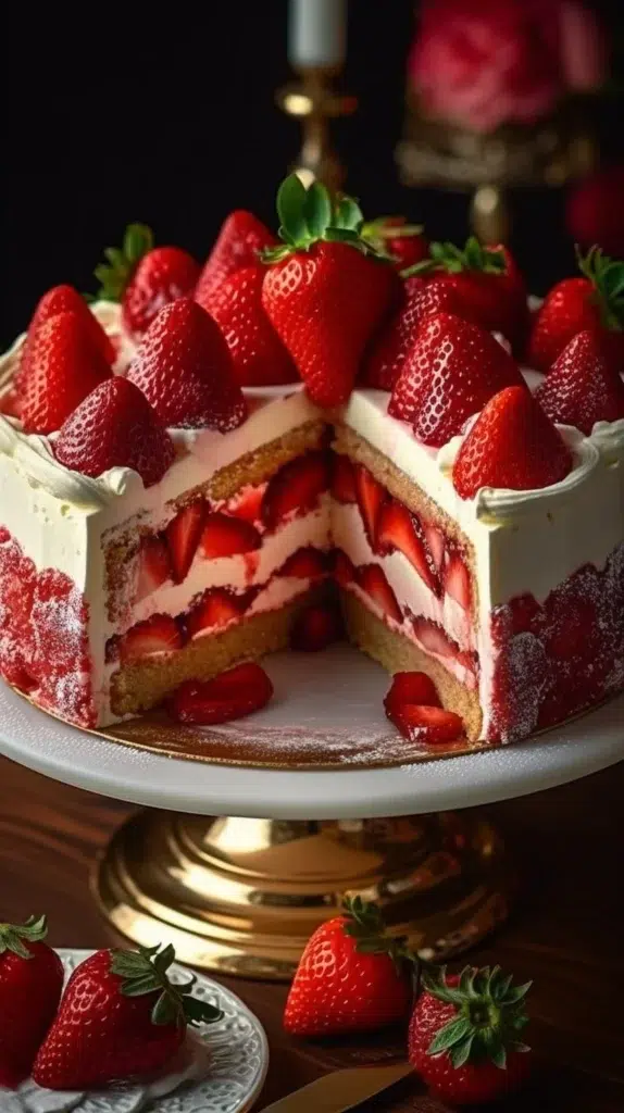 Slice of ultimate homemade strawberry shortcake cheesecake topped with fresh strawberries