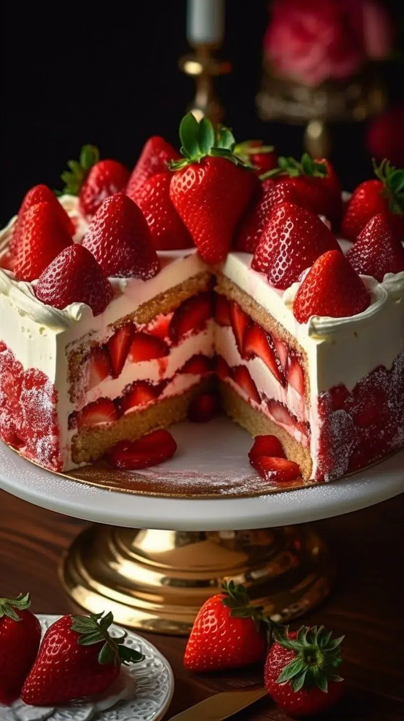 Slice of ultimate homemade strawberry shortcake cheesecake topped with fresh strawberries