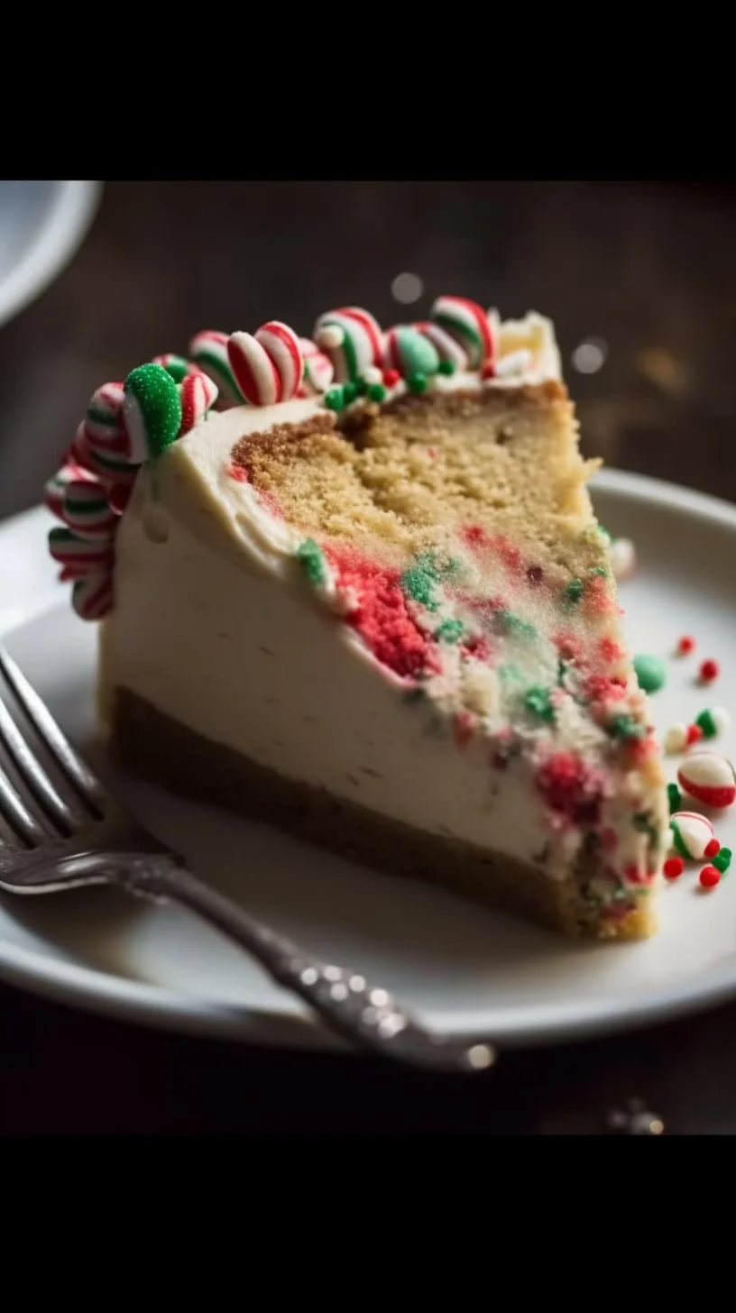 Slice of White Chocolate Candy Cane Pie topped with crushed candy canes and whipped cream
