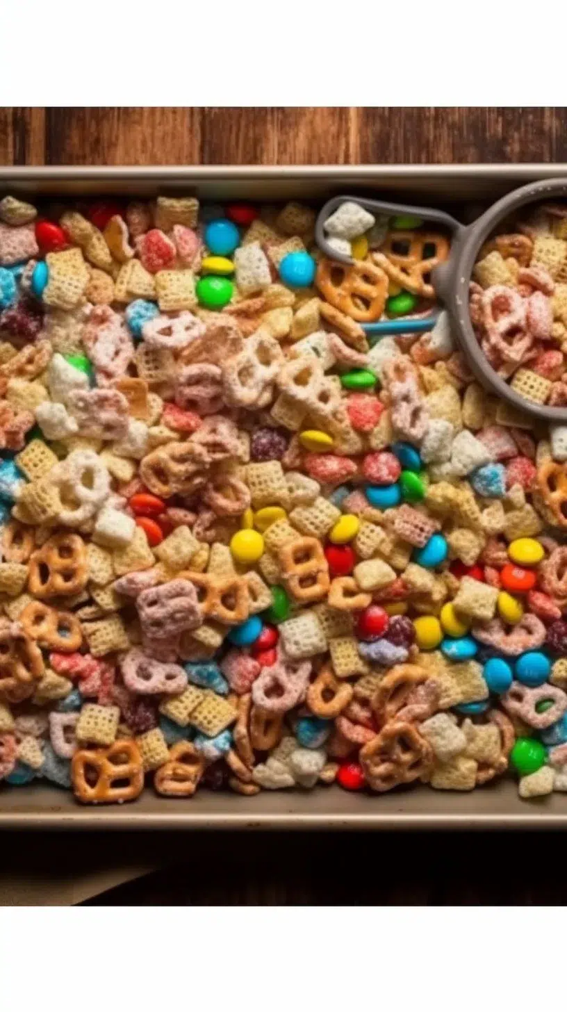 White Trash Snack Mix bowl featuring a variety of sweet and salty snacks.