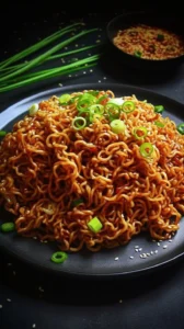Delicious sesame garlic ramen noodles garnished with green onions and sesame seeds.