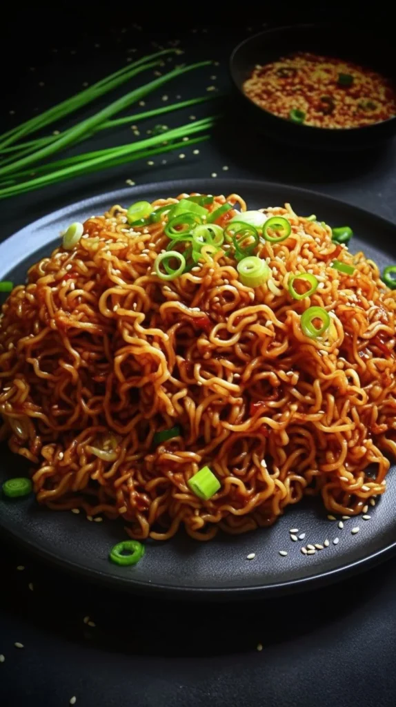 Delicious sesame garlic ramen noodles garnished with green onions and sesame seeds.