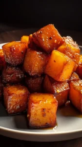 Maple-glazed butternut squash bites in air fryer served on a plate