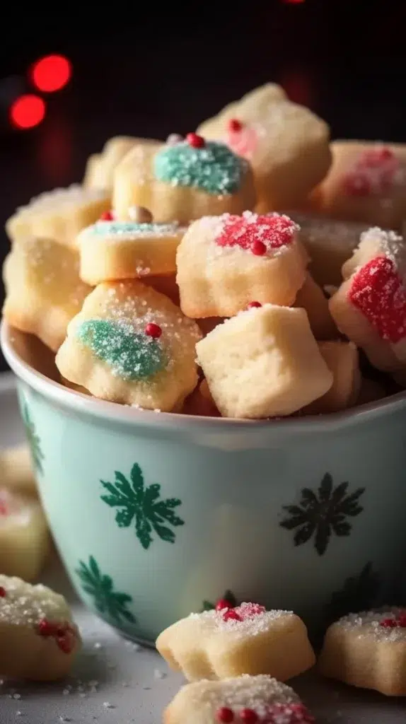 4-Ingredient Christmas shortbread cookie bites on a festive plate
