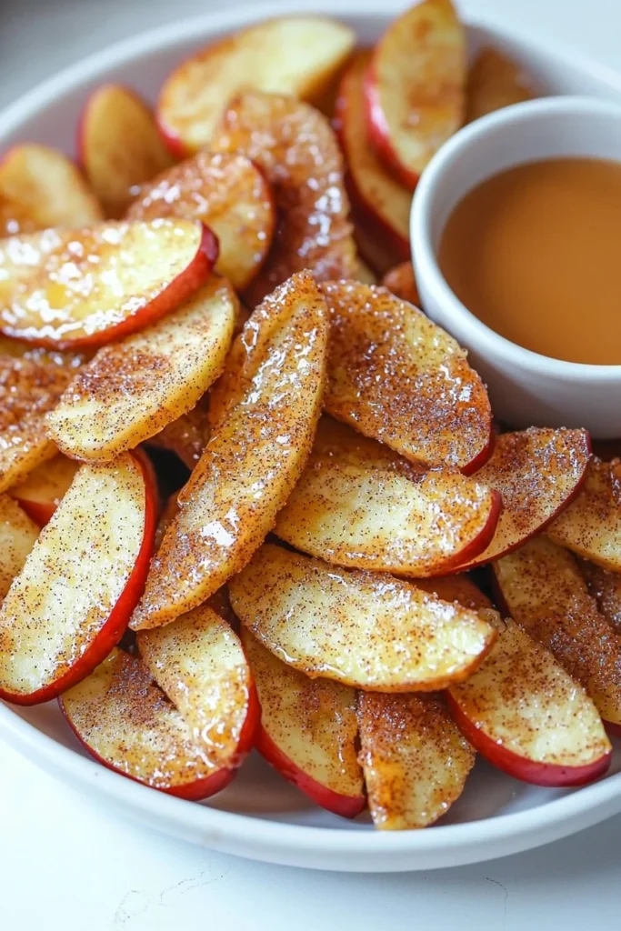 Delicious air fryer apple fries served with dipping sauce