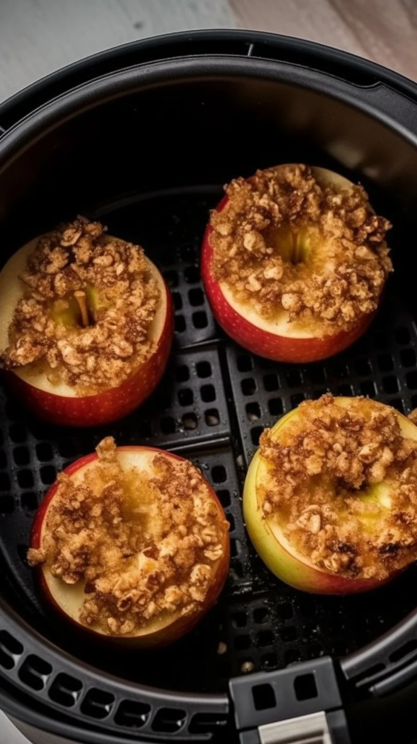 Delicious air fryer baked apples topped with cinnamon and nuts