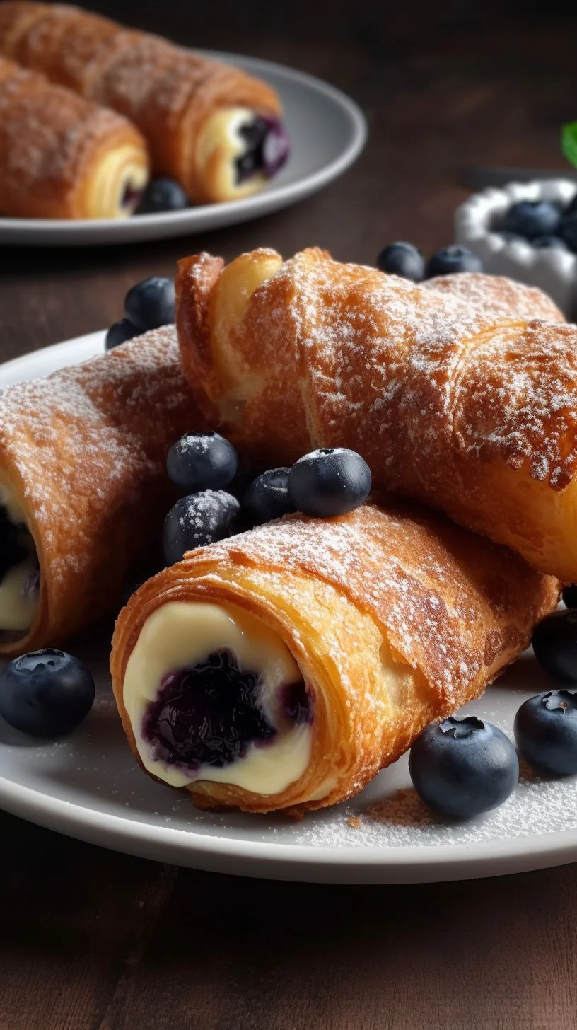 Air Fryer Blueberry Cheesecake Taquitos served on a plate, drizzled with sauce