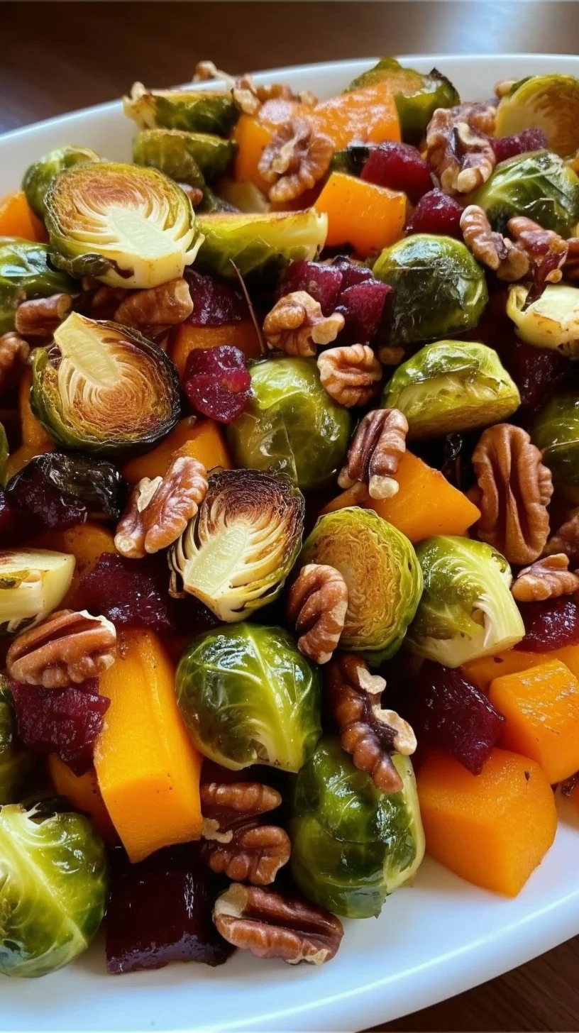 Air fryer butternut squash with Brussels sprouts and candied pecans dish