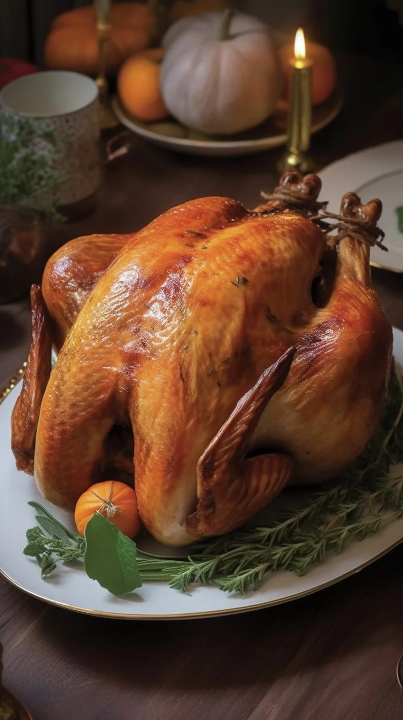 A perfectly cooked air fryer turkey garnished with herbs and spices.