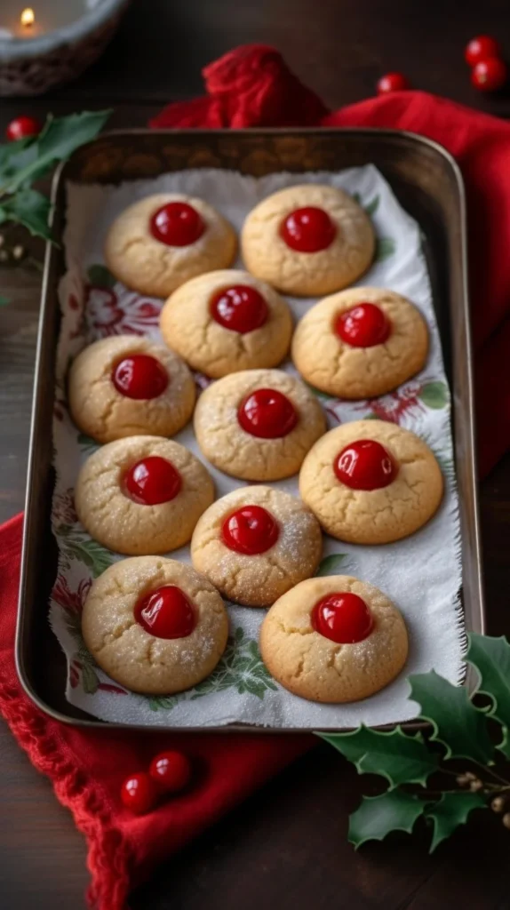 Freshly baked Almond Cherry Cookies on a cooling rack, garnished with almonds.