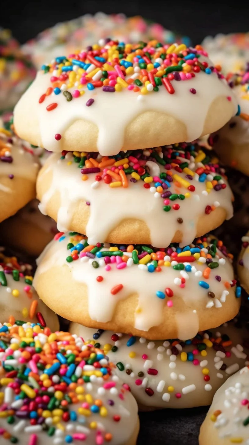Delicious almond cookies topped with a glaze and colorful sprinkles