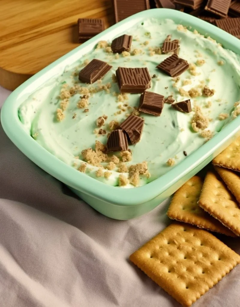 Andes Mint Dip served in a bowl with chocolate and mint garnish