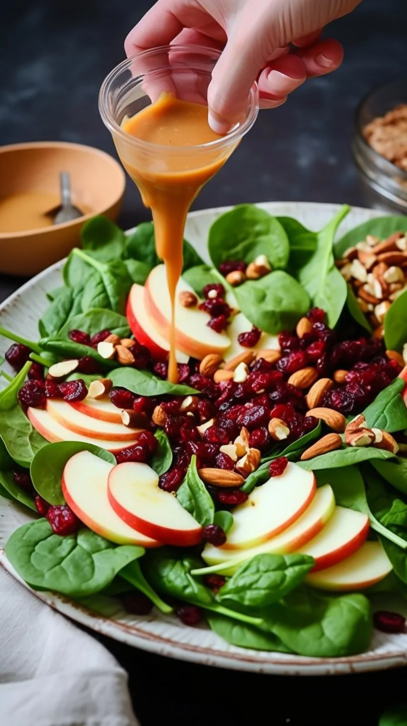 Apple cranberry spinach cashew salad, a healthy and colorful dish