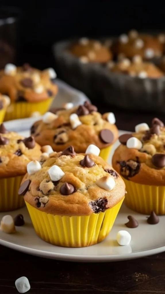 Delicious banana s'mores muffins with chocolate and marshmallows