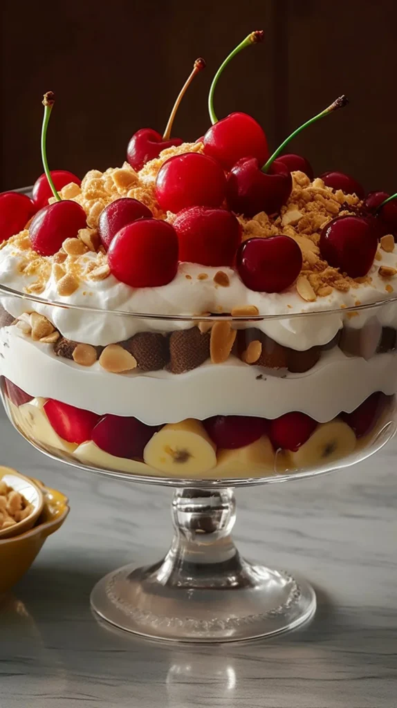 Delicious Banana Split Fluff dessert topped with cherries and bananas