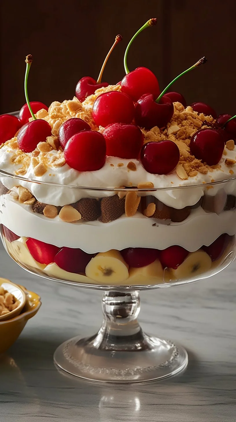 Delicious Banana Split Fluff dessert topped with cherries and bananas