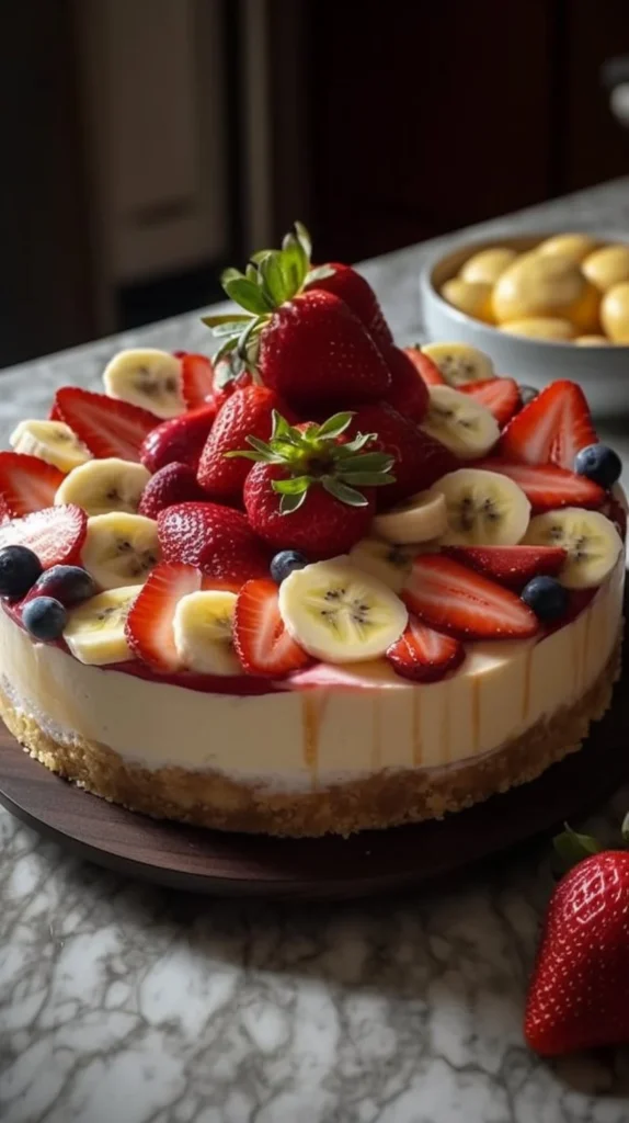 Delicious Banana-Strawberry Cheesecake topped with fresh strawberries and bananas