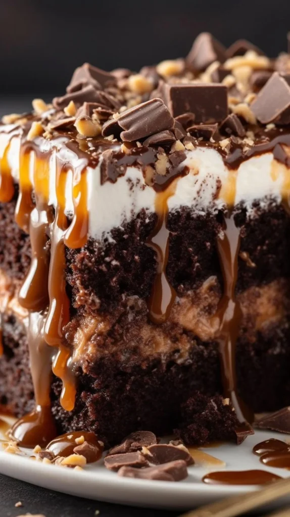 Delicious Better Than Sex Cake topped with chocolate and caramel drizzle.