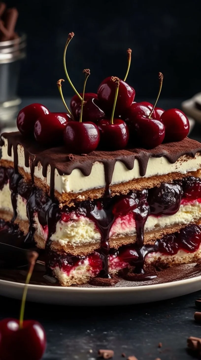 Delicious Black Forest Tiramisu with chocolate and cherries in elegant serving dish.