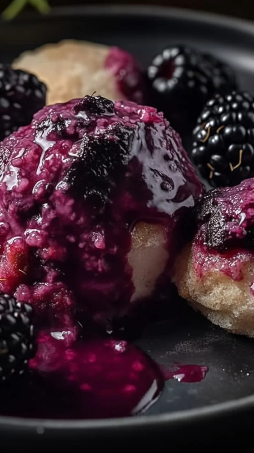 Homemade Blackberry Dumplings served with a scoop of vanilla ice cream