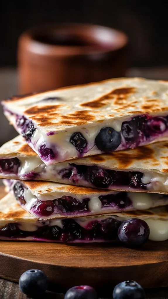 Blueberry breakfast quesadilla with melted cheese and fresh blueberries